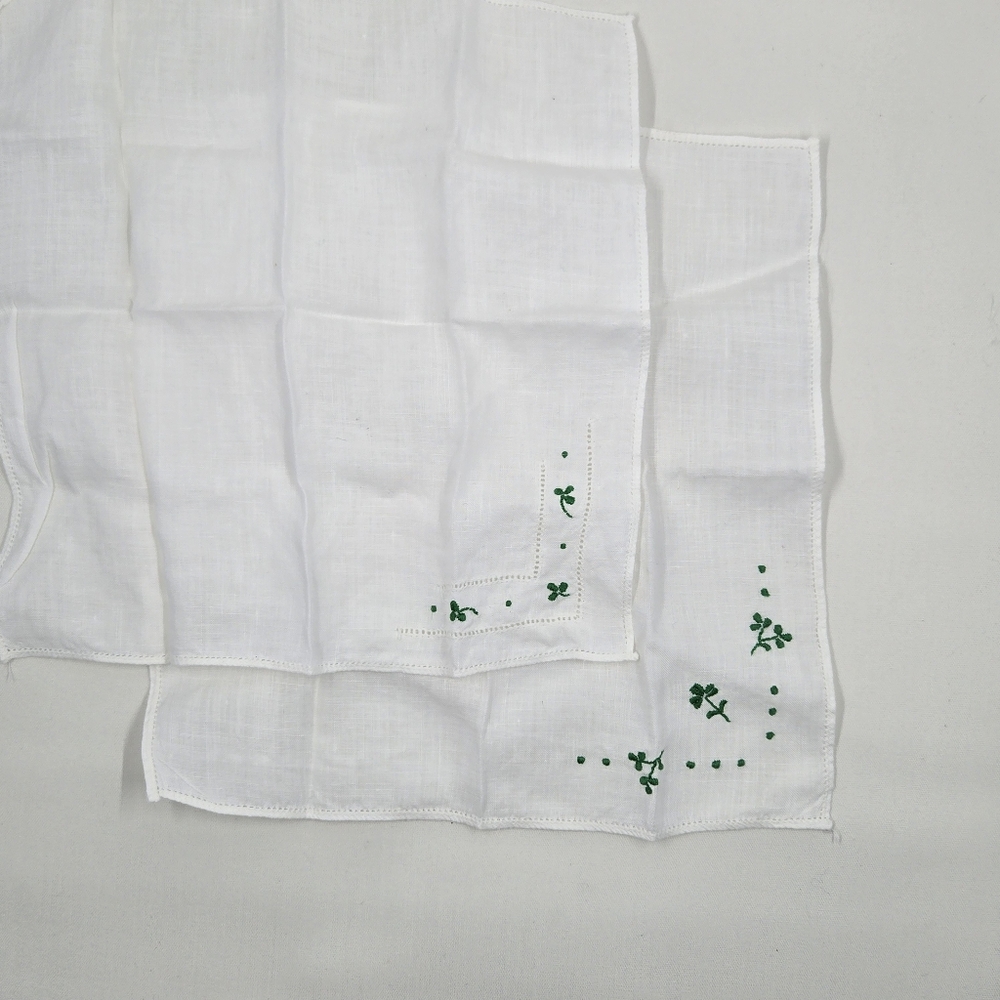 White Irish Linen Handkerchief with Green Shamrock Embroidery Set Of 2 🍀 - Picture 2 of 4